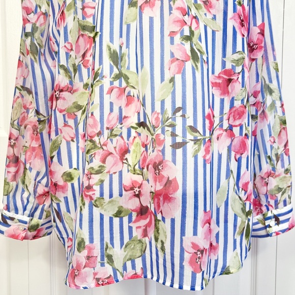Talbots Sheer Floral Blue Stripe Print Long Sleeve Button Down Shirt XL - Picture 16 of 16